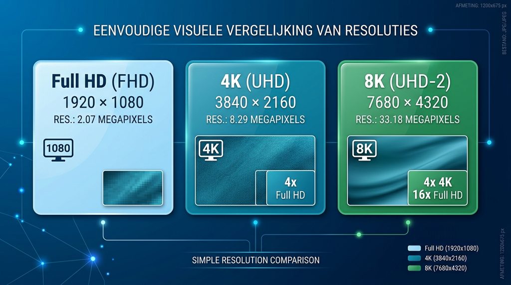 Vergelijking van Full HD, 4K en 8K met het aantal pixels per beeld