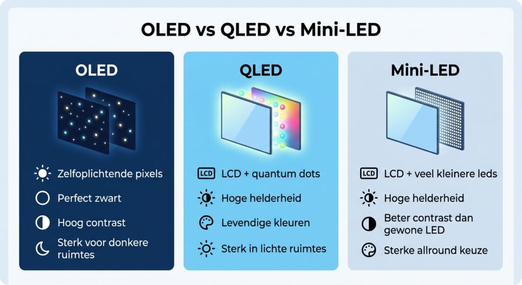 OLED vs QLED vs Mini-LED vergelijking van drie tv-technieken