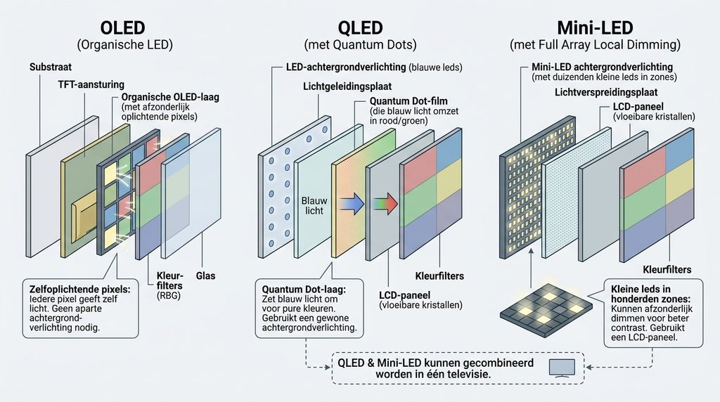 Schematische vergelijking van de schermopbouw van OLED, QLED en Mini-LED