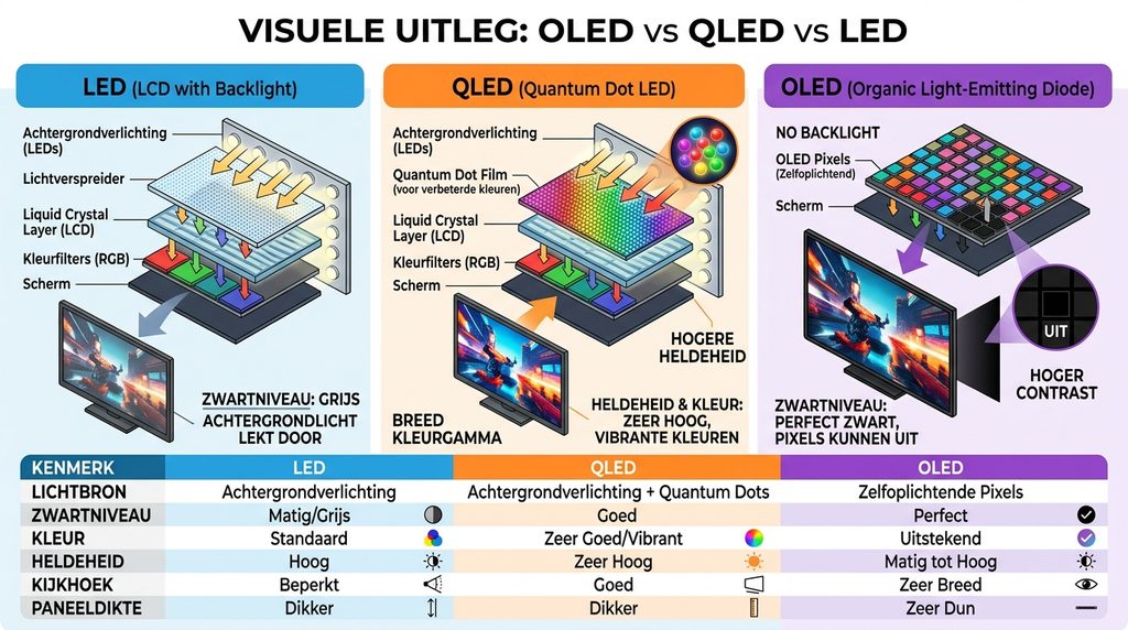 Vergelijking van OLED vs QLED en LED met de belangrijkste verschillen in beeldtechniek