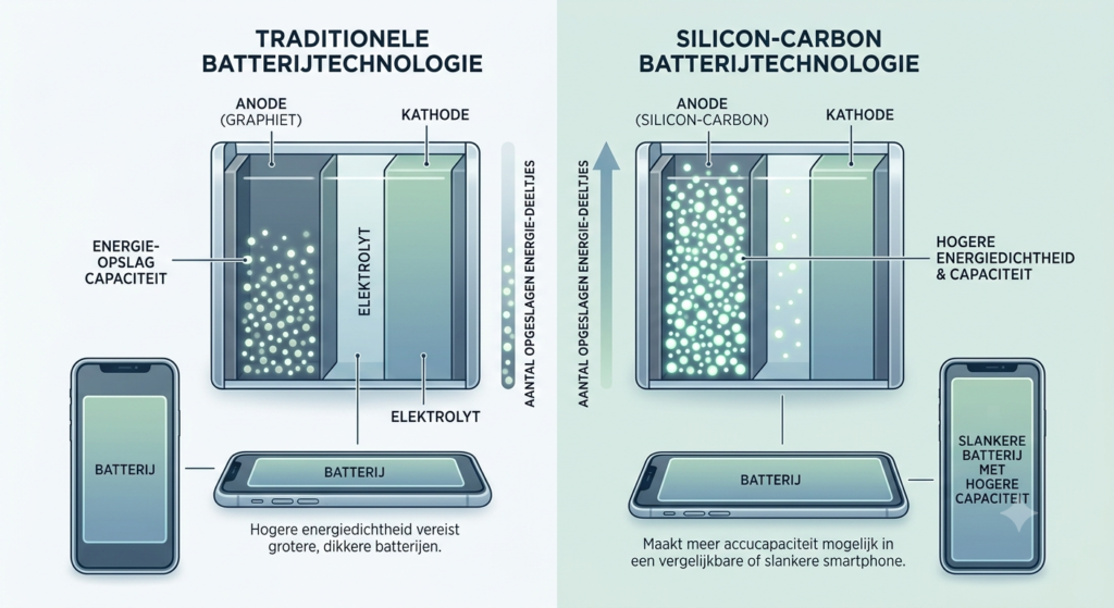 Vergelijking van traditionele smartphonebatterij en silicon-carbonbatterij