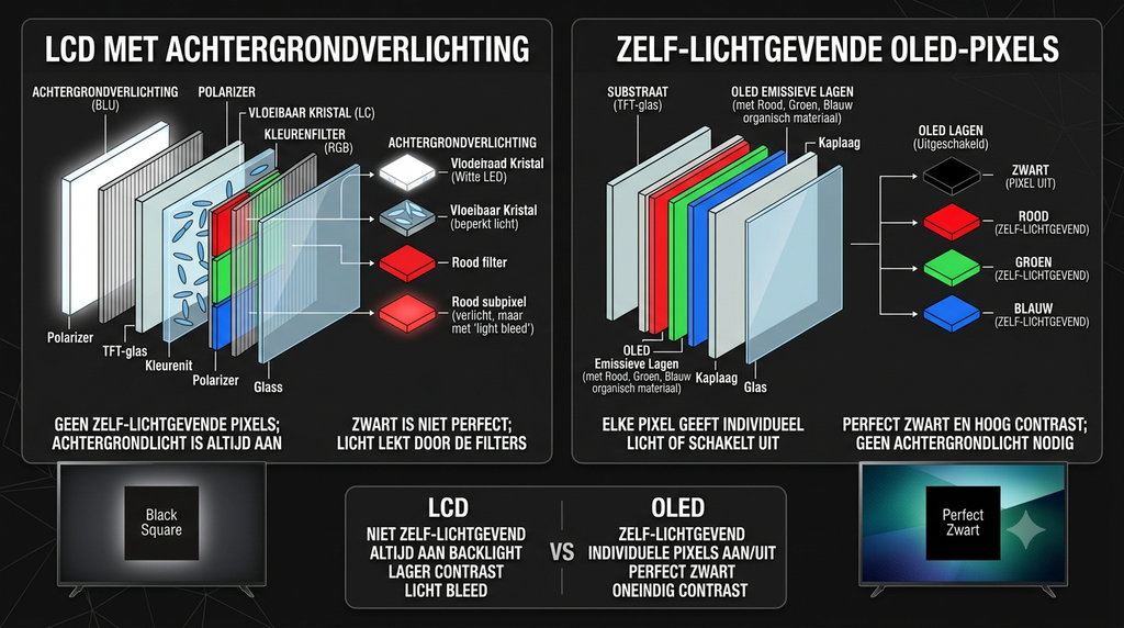 Afbeelding bij het artikel wat is OLED welke het verschil tussen OLED en traditionele LCD panelen laat zien