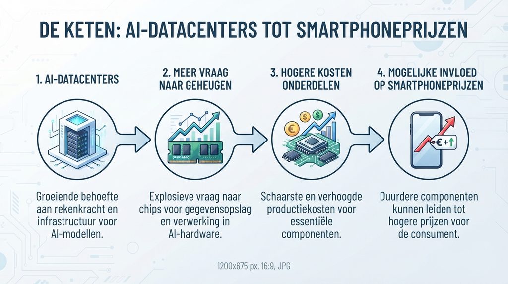 Schema dat laat zien hoe de groei van AI via extra vraag naar geheugen invloed kan hebben op smartphoneonderdelen.