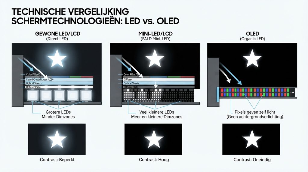 Verschil tussen gewone LED, Mini-LED en OLED.
