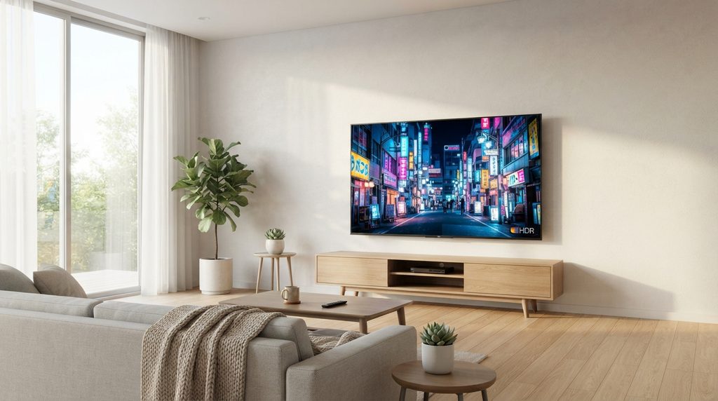 Mini-LED-tv in een lichte woonkamer met HDR-beeld