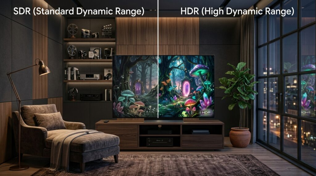 Vergelijking tussen HDR en SDR op een televisiescherm