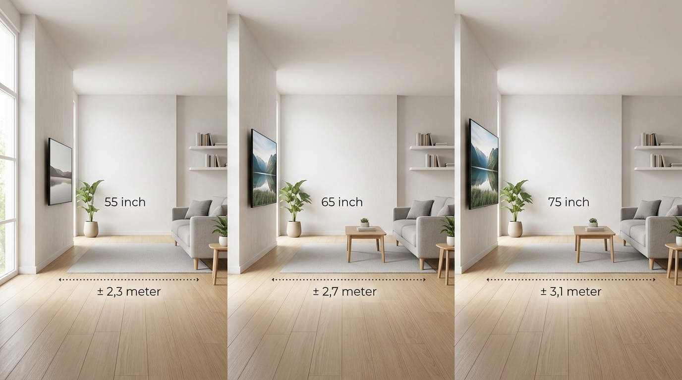 Vergelijking van 55, 65 en 75 inch televisies bij verschillende kijkafstanden