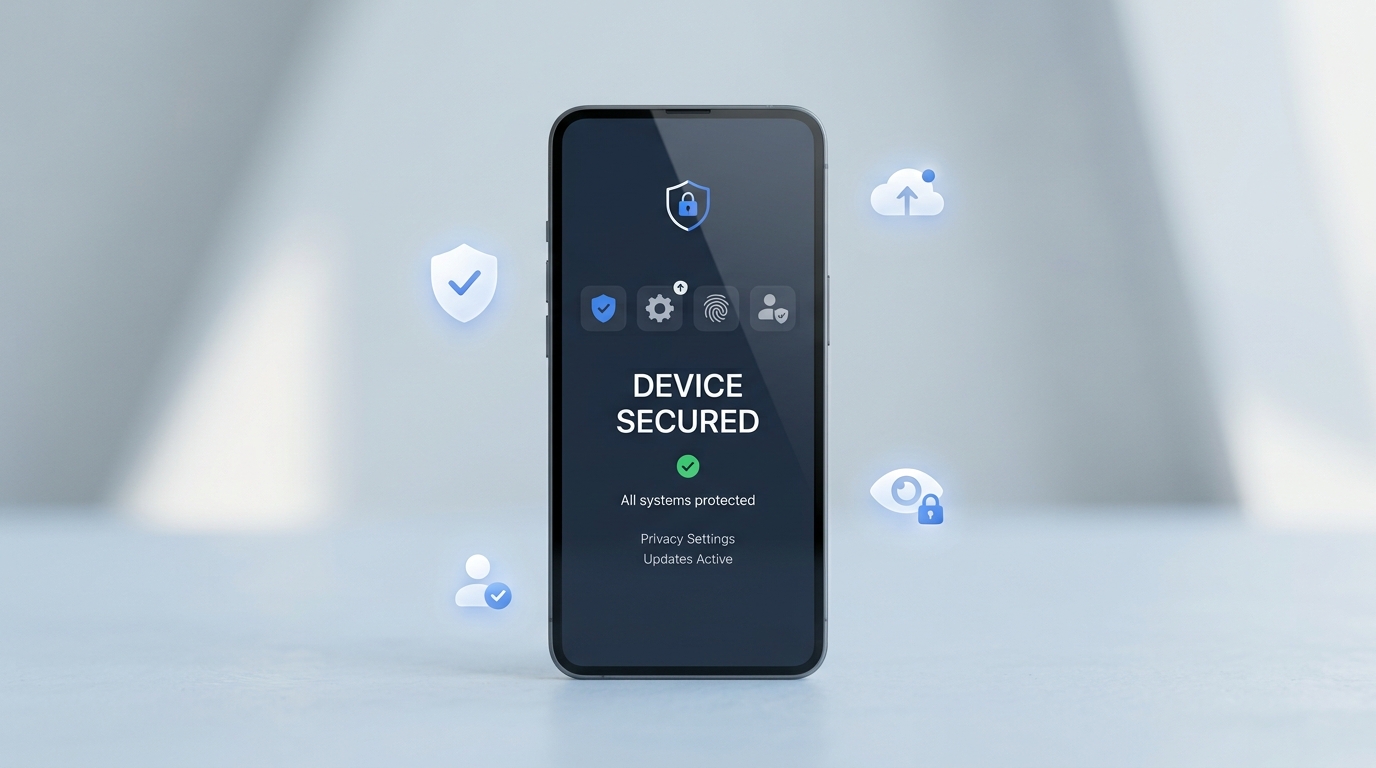 Smartphone met symbolen voor beveiliging, privacy en updates