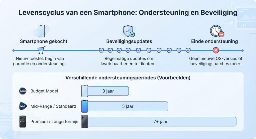 Tijdlijn die laat zien hoe lang smartphones beveiligingsupdates krijgen