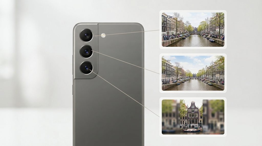 Vergelijking van een smartphonehoofdcamera, ultragroothoekcamera en telelens.