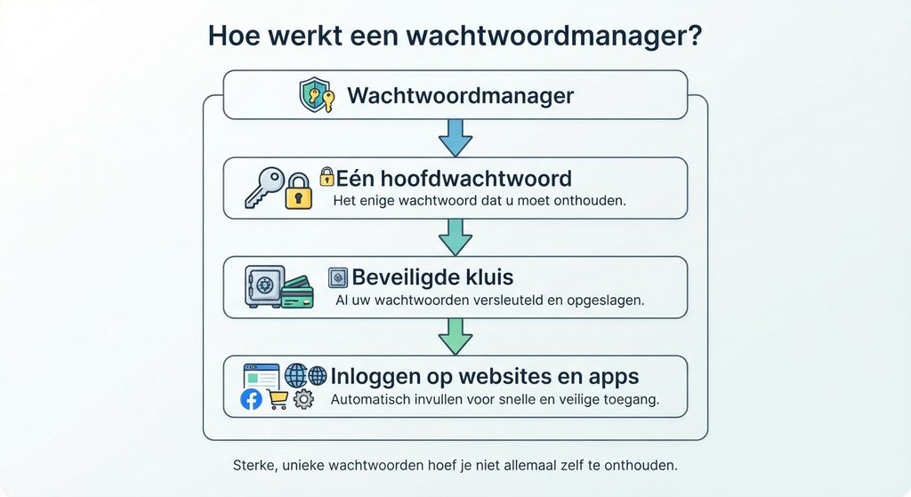 Schematische weergave van hoe een wachtwoordmanager wachtwoorden veilig bewaart en gebruikt bij het inloggen.