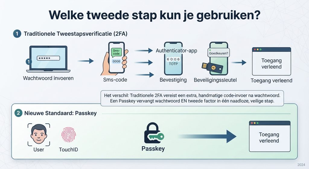 Overzicht van manieren voor tweestapsverificatie: sms-code, authenticator-app, telefoonbevestiging, beveiligingssleutel en passkey.