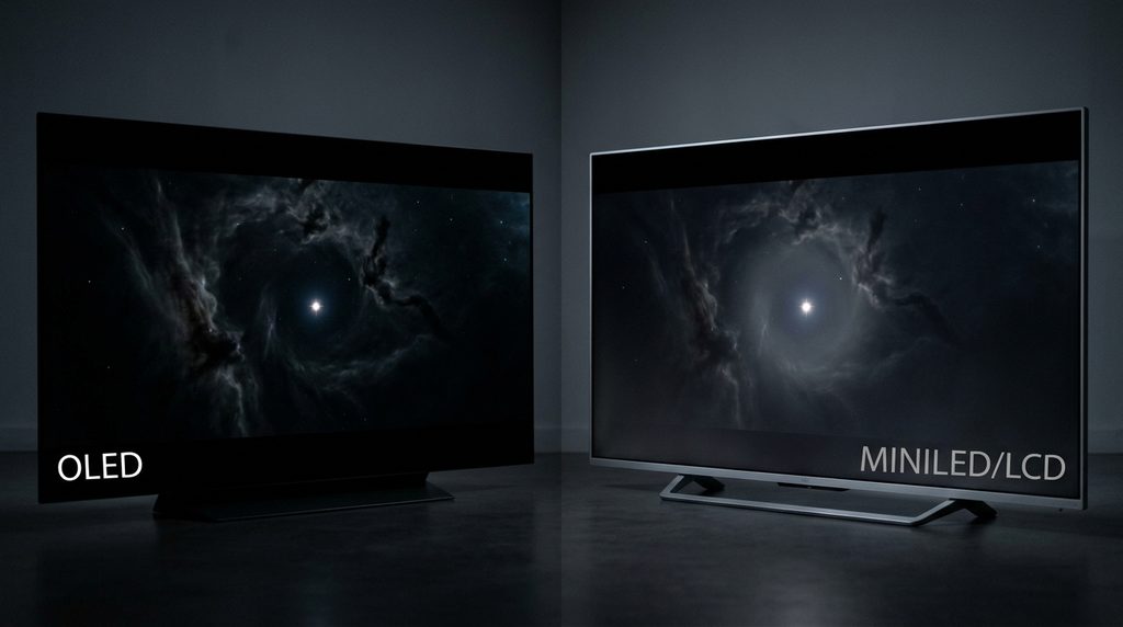 Vergelijking van OLED en Mini-LED met blooming rond een helder object op een donkere achtergrond