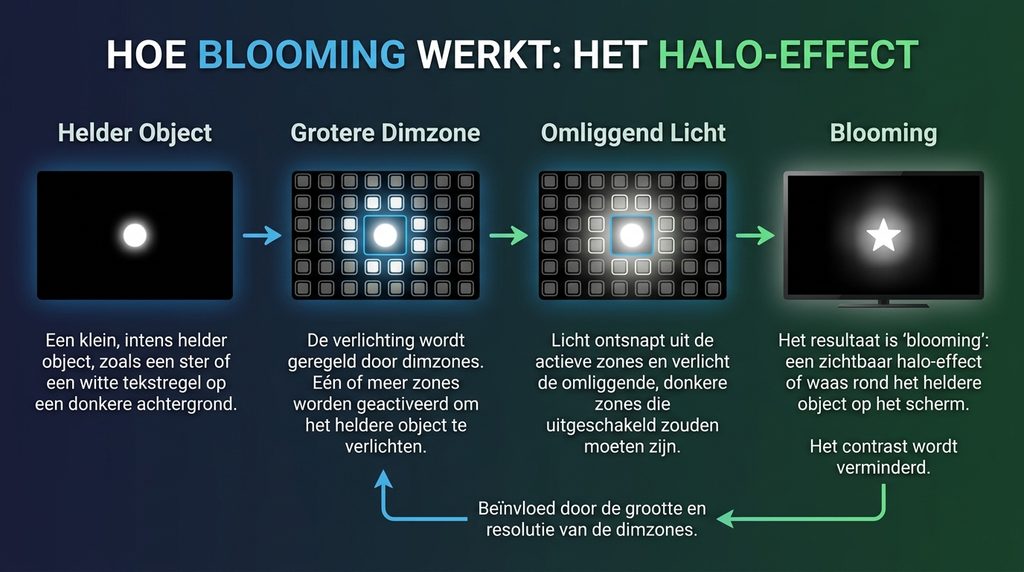 Infographic die laat zien hoe een dimzone blooming rond een helder object veroorzaakt